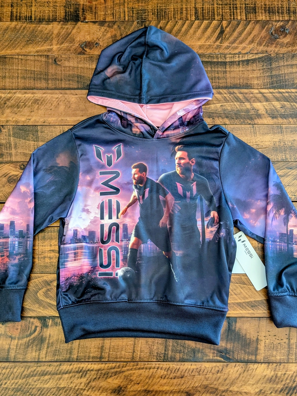 Messi Unisex Kids Pullover Hoodie Small 6/7 Black Pink Fleece Graphic Logo NWT